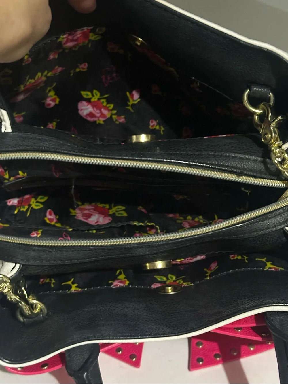 Betsey Johnson Black and White Striped Satchel with Hot Pink Bow